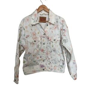 Levis Jacket Sz XS Boho White Indie Denim Trucker Button Front Psychedelic Print